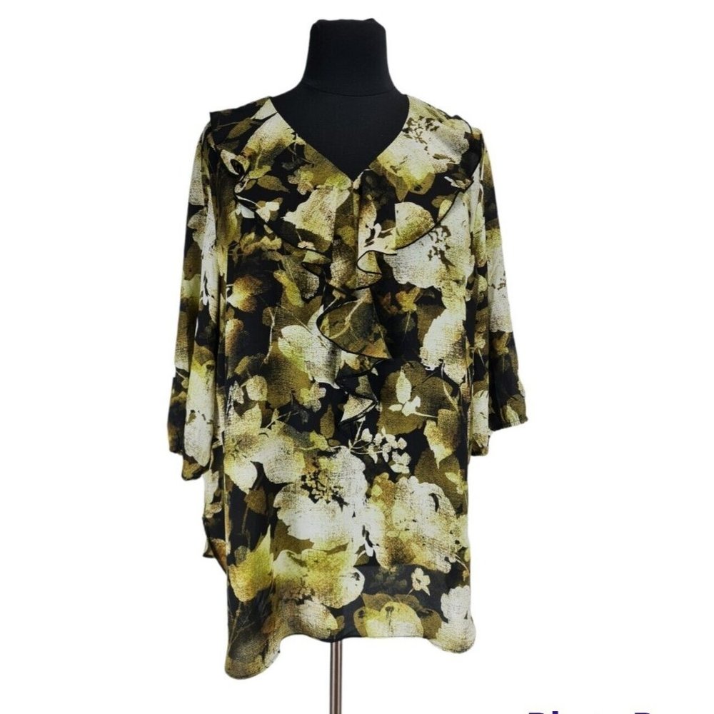 CATHERINES Women Plus Size 2X Olive Green Floral Tunic Blouse Ruffle V-Neck A0P